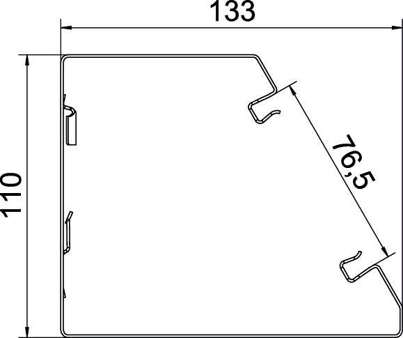 Technische tekening van een onderdeel met afmetingen van 133 mm breedte en 110 mm hoogte. Diagonaal van 76,5 mm aangegeven.