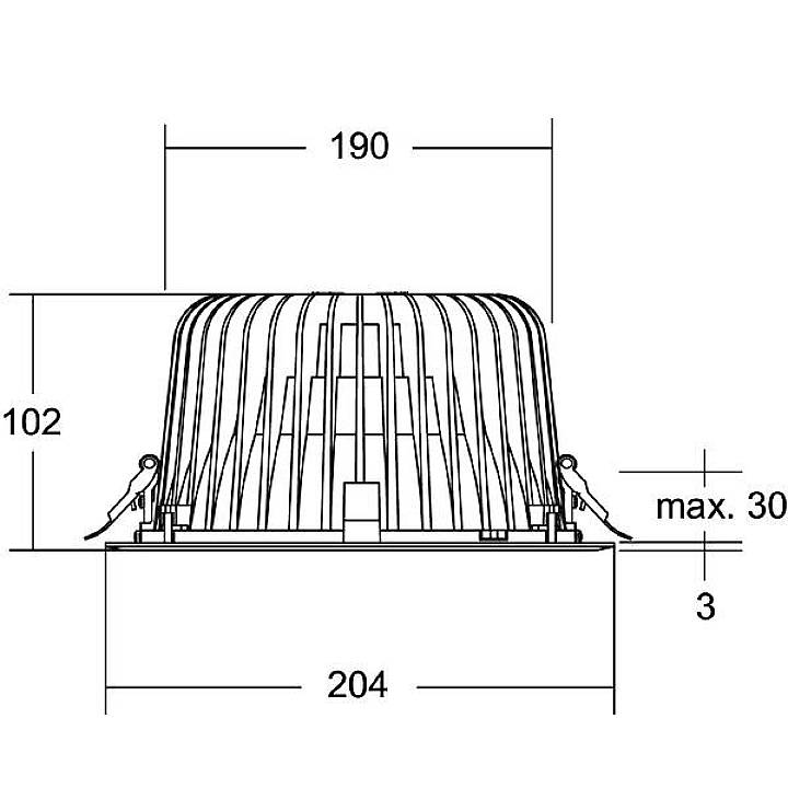Technische tekening van een lamp. Zijaanzicht met afmetingen: Breedte 204 mm, Hoogte 102 mm, Maximale inbouwdiepte 30 mm, Diameter 190 mm.