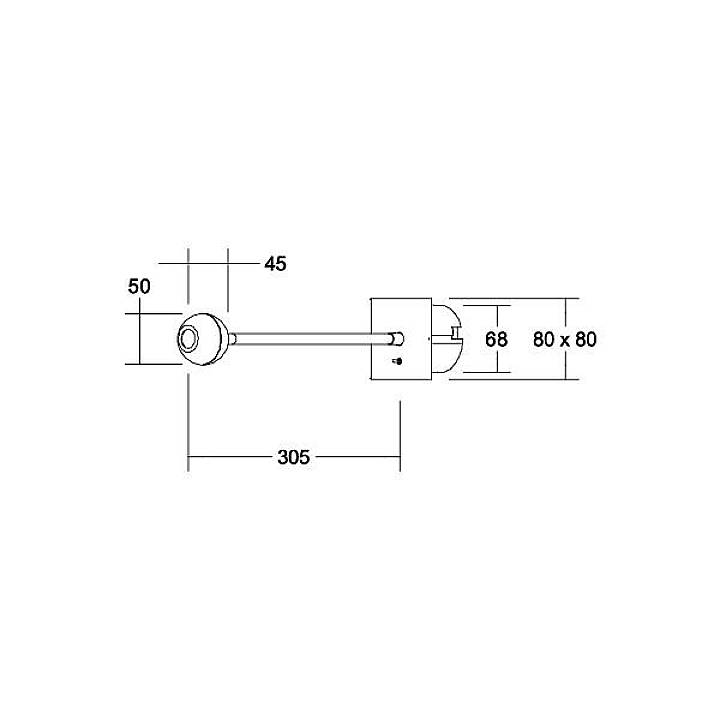 Technische tekening van een wandhaakhouder met afmetingen: Lengte 305 mm, hoogte 50 mm, diepte 45 mm; wandbevestiging 80 x 80 mm.