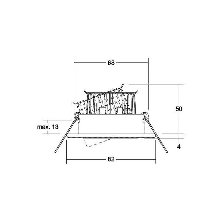 Tekening van een plafondinstallatie met afmetingen: breedte 68 mm, diepte 50 mm, maximale hoogte 13 mm, totale breedte 82 mm.