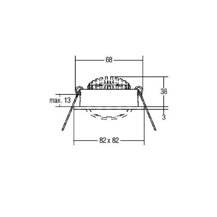 Afmetingen van een vierkante inbouwspot: breedte 82 mm, hoogte 38 mm, diepte max. 13 mm, afstand tussen de bevestigingspunten 68 mm.