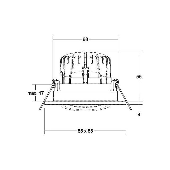 Diagram van een vierkante inbouwspot met afmetingen 85 x 85 mm, inbouwdiepte 55 mm, maximale inbouwhoogte 17 mm, lampendiameter 68 mm.