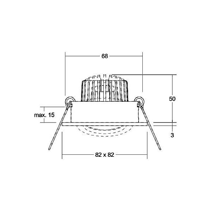 Technische tekening van een vierkante inbouwspot met afmetingen: breedte 82 mm, hoogte 68 mm, inbouwdiepte 50 mm, maximale hellingshoek 15 graden.
