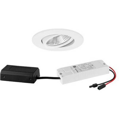 Ronde inbouwspot met geïntegreerde LED-lamp, aangesloten op een voorschakelapparaat. Ideaal voor plafondverlichting in moderne interieurs.