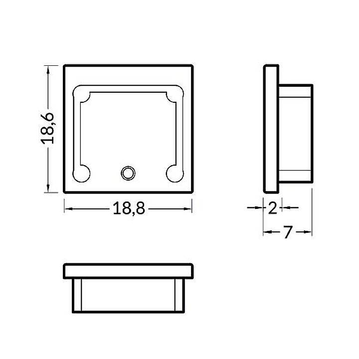 Technische tekening van een vierkante wastafel met afmetingen: 18,8 cm breedte, 18,6 cm hoogte, 7 cm diepte. Bovenaanzicht en zijaanzicht.