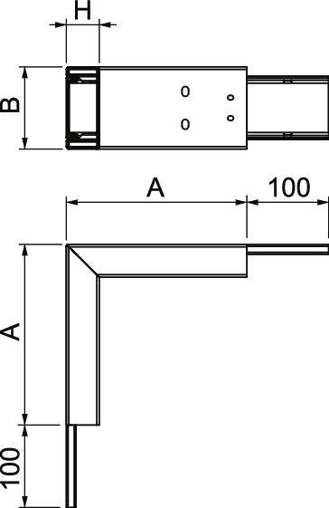 Technische tekening van een L-vormig metalen profiel met afmetingen A, B, H. Bovenaanzicht toont boringen; zijaanzicht toont hoek.