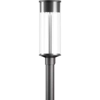 Zwarte straatlantaarn met heldere glazen cilinder, modern design. Ideaal voor stedelijke verlichting.