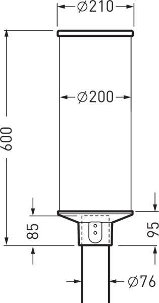 Diagram van een cilindrisch object met afmetingen: hoogte 600 mm, diameter 200 mm, bovenste diameter 210 mm, sokkel hoogte 85 mm.