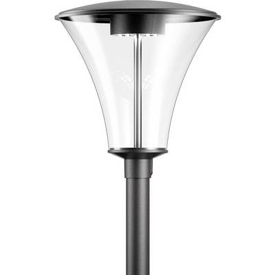 Een moderne straatlantaarn met een transparante lampenkap, zwarte voet en LED-verlichting. Geschikt voor parkverlichting.