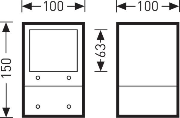 Technische tekening van een rechthoekig meubelstuk met afmetingen: breedte 100, hoogte 150, rekhoogte 63, twee laden eronder.