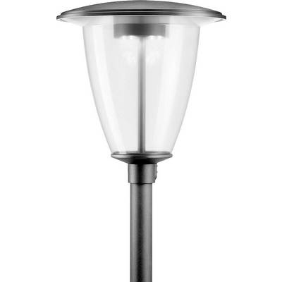 Een moderne LED-straatlantaarn met een transparante kap en zwarte mast, geschikt voor de buitenverlichting van paden en wegen.