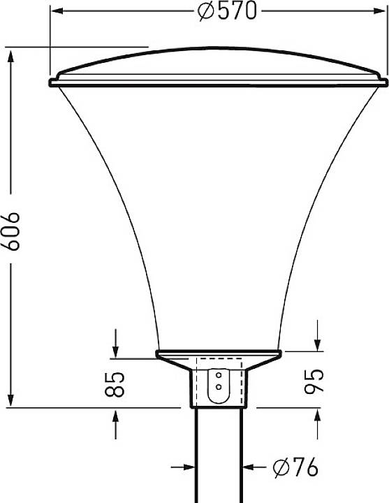 De tekening toont een straatlantaarn met een hoogte van 606 mm en een lampenkap met een diameter van 570 mm.