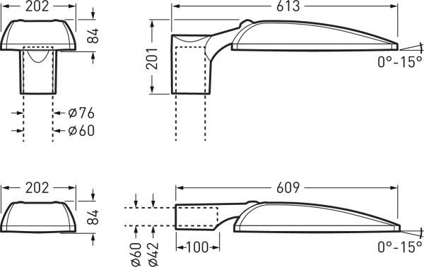 Technische tekening van een deurklink met afmetingen: Lengte 613 mm, Hoogte 84 mm, Breedte 202 mm, Hellingshoek 0-15 graden, Basisdoorsnede 60 mm.