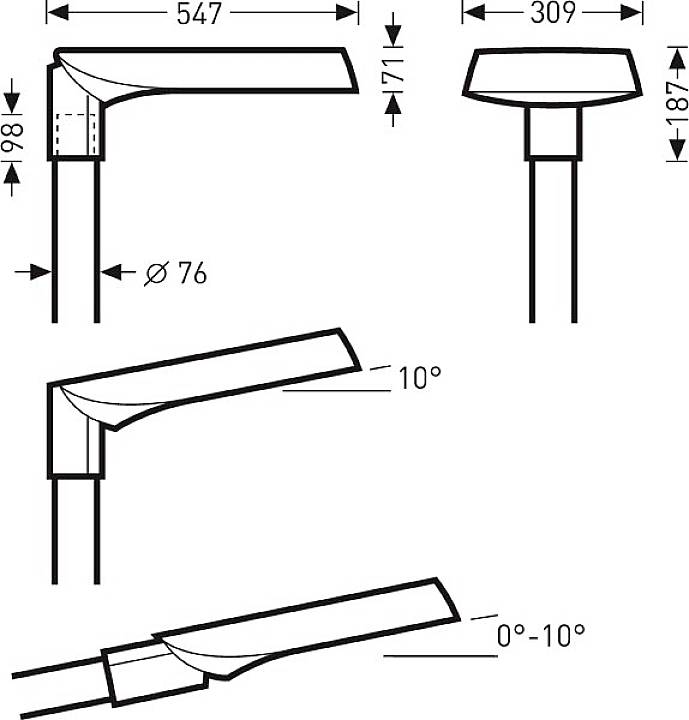 Technische tekening van een waterkraan met afmetingen: 547 mm lengte, 309 mm uitloophoogte, 187 mm totale hoogte. Hellingshoek 0° tot 10°.