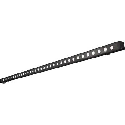 Lange, zwarte metalen lamp met cirkelvormige verlichtingselementen langs de rail; geschikt voor het verlichten van grote oppervlakken.