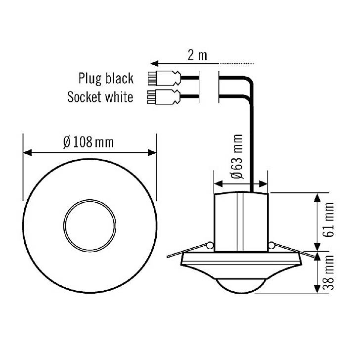 Technische tekening van een inbouwspot met afmetingen: buitenbreedte 108 mm, diepte 61 mm, kabellengte 2 m, stekker zwart, bus wit.