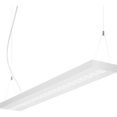 Witte, rechthoekige, hangende LED-plafondlamp met twee dunne kabels aan het plafond bevestigd, minimalistisch ontwerp.