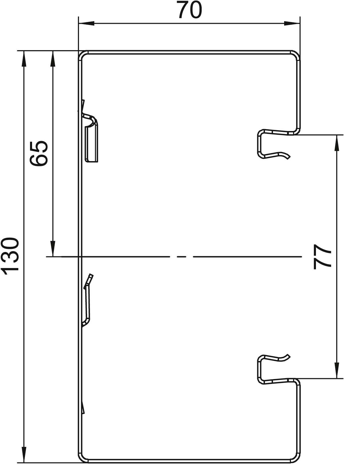 Technische tekening van een profiel met de afmetingen: breedte 70 mm, hoogte 130 mm. Twee binnenste secties met hoogtes van 65 mm en 77 mm.