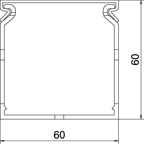 Technische tekening van een vierkant profiel met zijden van 60 mm, toont doorsnedes en randen.