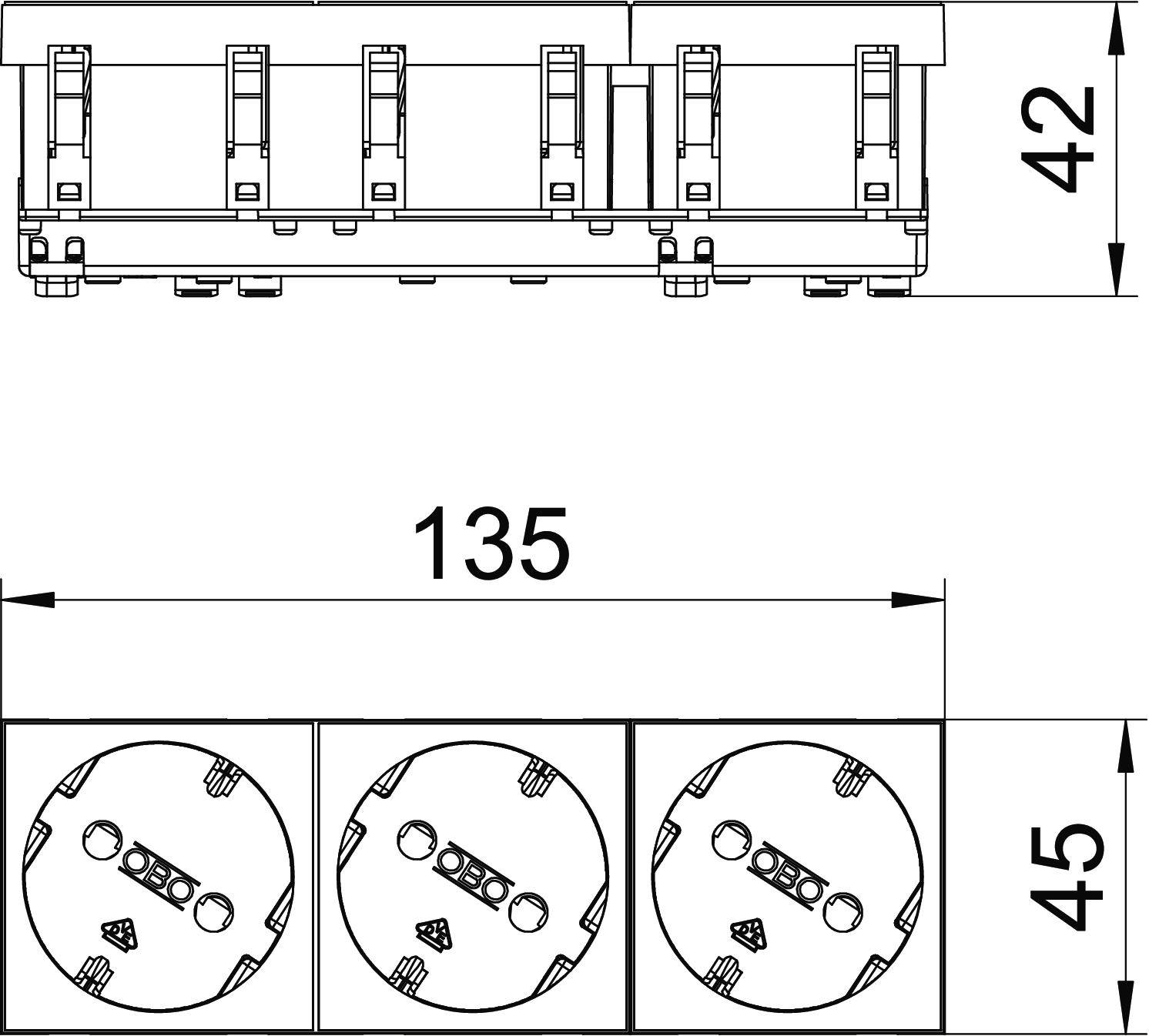 Technische tekening van een elektrische contactdoos met drie stopcontacten. Afmetingen: 135 mm breedte, 42 mm hoogte, 45 mm stopcontacthoogte.
