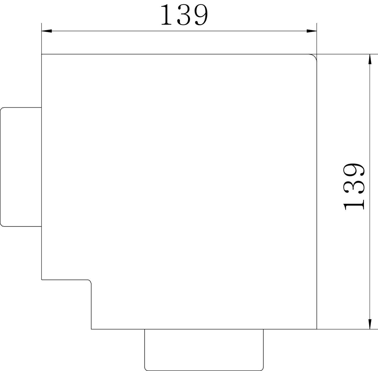 Technische tekening van een vierkant object met afmetingen van 139 x 139 mm. Bevat aanvullende rechthoekige uitstekingen aan de zijkanten.