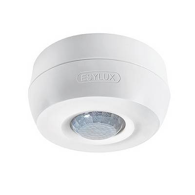 Een witte bewegingsmelder van het merk ESYLUX, geschikt voor plafondmontage, wordt gebruikt voor automatische verlichting in binnenruimtes.