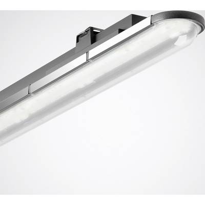 Een enkele, langwerpige LED-lamp in een moderne aluminium behuizing, opgehangen aan het plafond, met helder, diffuus licht.
