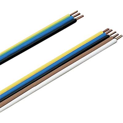 Vier meerkleurige elektrische kabels met koperen kernen, horizontaal uitgelijnd, respectievelijk in de kleuren geel, groen, blauw, bruin, wit en zwart.