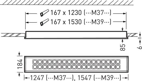 Technische tekening van een rechthoekige ventilatie-eenheid met afmetingen: 167 x 1230 mm, 167 x 1530 mm; hoogte 85 mm.