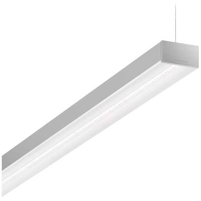Zilveren, rechthoekige LED-hanglamp, minimalistisch ontworpen, opgehangen aan een dun kabel, gebruikt voor moderne interieurs.