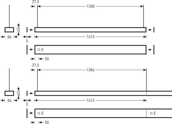 Diagram met vier rechthoekige balken, allemaal met verschillende afmetingen. Boven: Lengte 1358. Onder: Lengte 1386. Gemarkeerd met 'E'.