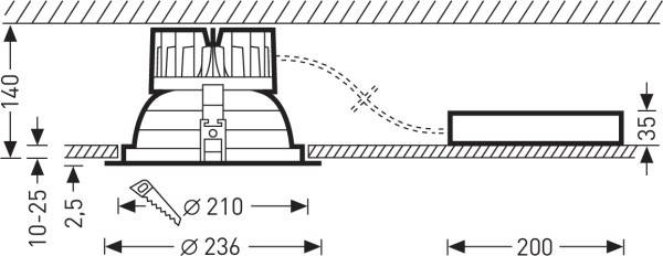 Technische tekening van een inbouwframe voor plafondmontage met afmetingen: hoogte 140 mm, variabele plafonduitsparing 10-25 mm, diameter 210-236 mm.