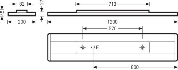 'Technical drawing of a rectangular object with dimensions: 1200 x 800 mm. Detail view shows mounting points O and E.'