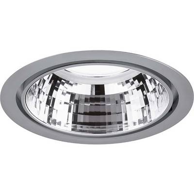 Inbouwplafondspot met zilveren rand en reflecterende lens, geschikt voor moderne binnenverlichting.