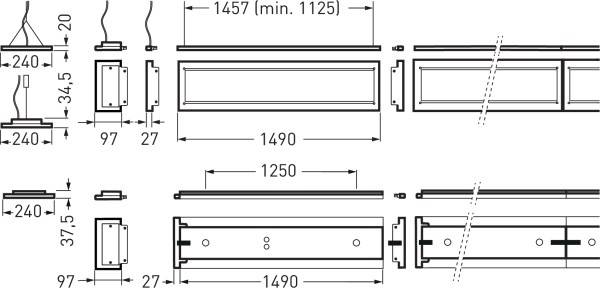 Technische tekening van een rechthoekig verlichtingsontwerp met afmetingen in millimeters: 1457, 1490, 1250. Zij- en vooraanzichten.