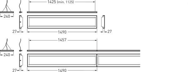 Technische tekening van twee doorsneden van een rechthoekig onderdeel. Afmetingen en afstanden zijn aangegeven, bijv. 1490 mm breedte.