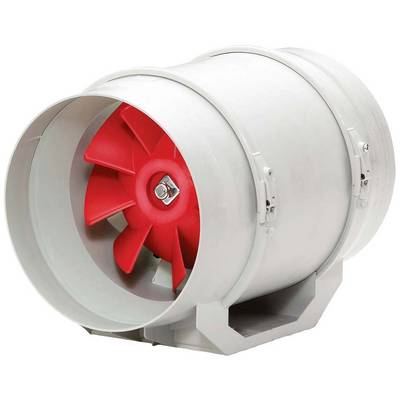 Rond, grijs verluchtingskanaal met rode ventilator aan de binnenkant; voor ventilatiesystemen.
