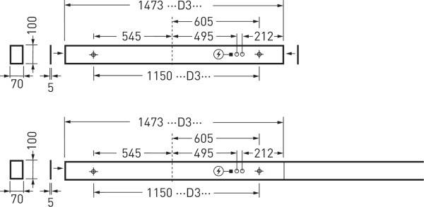 Technische tekening van twee rechthoekige balken met nauwkeurige afmetingen: lengte 1473 tot 1150 mm, breedte 100 mm en hoogte 70 mm.
