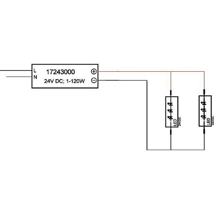 'Schakelschema voor LED-verlichting: 24V DC-voeding, 1-120W uitgang; twee parallelle schakelingen met elk een LED-configuratie, gekenmerkt als 172 kΩ en 120 Ω.'