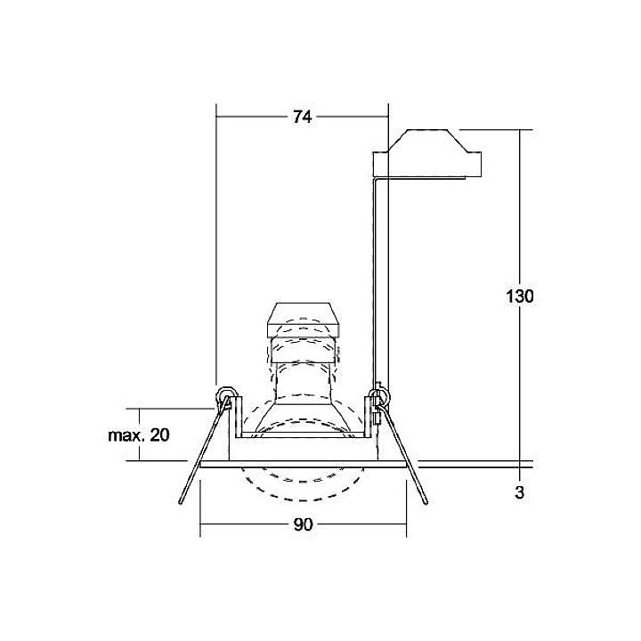 Technische tekening van een wandbevestiging, toont afmetingen: breedte 90 mm, hoogte 130 mm, maximale diepte 20 mm. Verduidelijkt montage-afstanden.