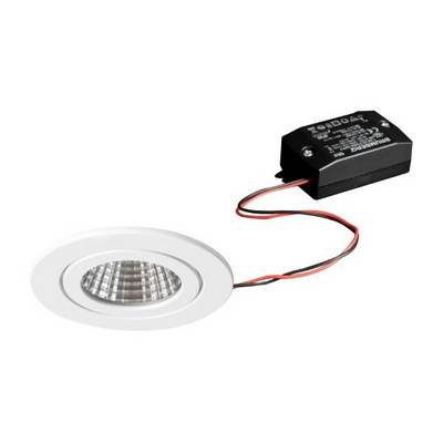 LED-inbouwspot met wit behuizing en zwarte transformator. Geschikt voor plafondmontage. Stroomkabel verbonden met transformator. Ideaal voor binnenverlichting.