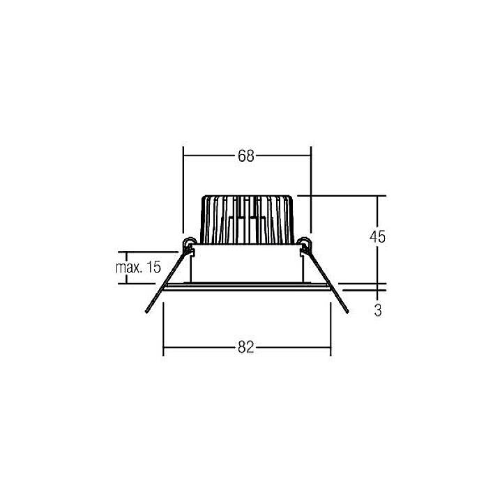 Technische tekening van een inbouwspot met afmetingen van 68 mm breedte, 82 mm diepte en 45 mm hoogte, toont montagedetails.