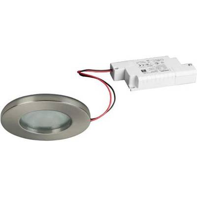 Rond LED-inbouwarmatuur in metalen behuizing met bijbehorende transformator en kabels, geschikt voor plafondmontage in binnenruimtes.
