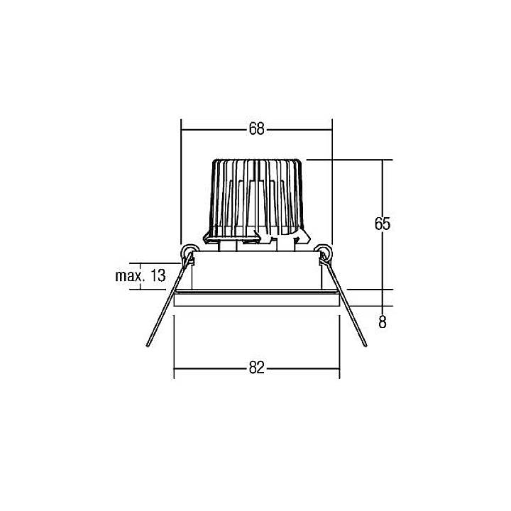 Technische tekening van een rond verlichtingselement met afmetingen: diameter 68 mm, hoogte 65 mm, maximale montageafstand 13 mm.