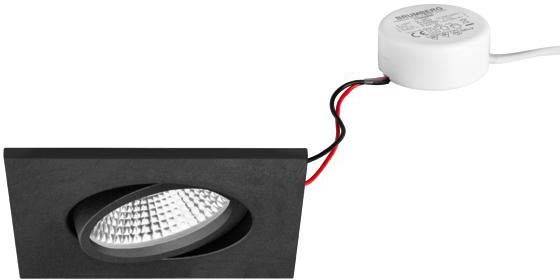 Een rechthoekige, zwarte LED-inbouwspot met rond, gestructureerd LED-licht en aangesloten kabel.