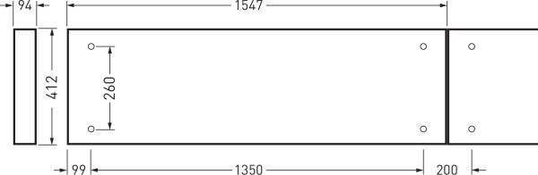Technische tekening van een rechthoekig onderdeel met afmetingen: lengte 1547, breedte 412, twee boringen.