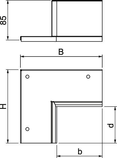 Technische tekening van een L-vormige metalen hoek met de afmetingen H, B, b, d en 85 aangegeven. Schroefgaten zijn zichtbaar.