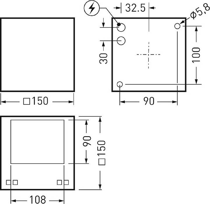Technische tekening van een vierkant onderdeel met afmetingen: 150x150 mm, boring Ø5,8 mm, en elektrische aansluiting linksboven.