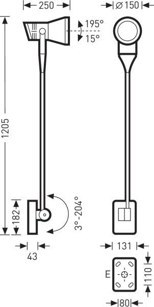 Technische tekening van een staande lamp met afmetingen. Lamp is 1205 mm hoog, kop 195° draaibaar. Voet is 43 mm breed. Verdere details in mm aangegeven.