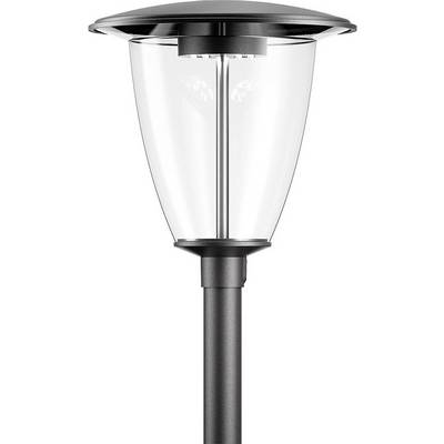Een moderne straatlantaarn met transparant glas en zwart metaal, geschikt voor buitengebruik.